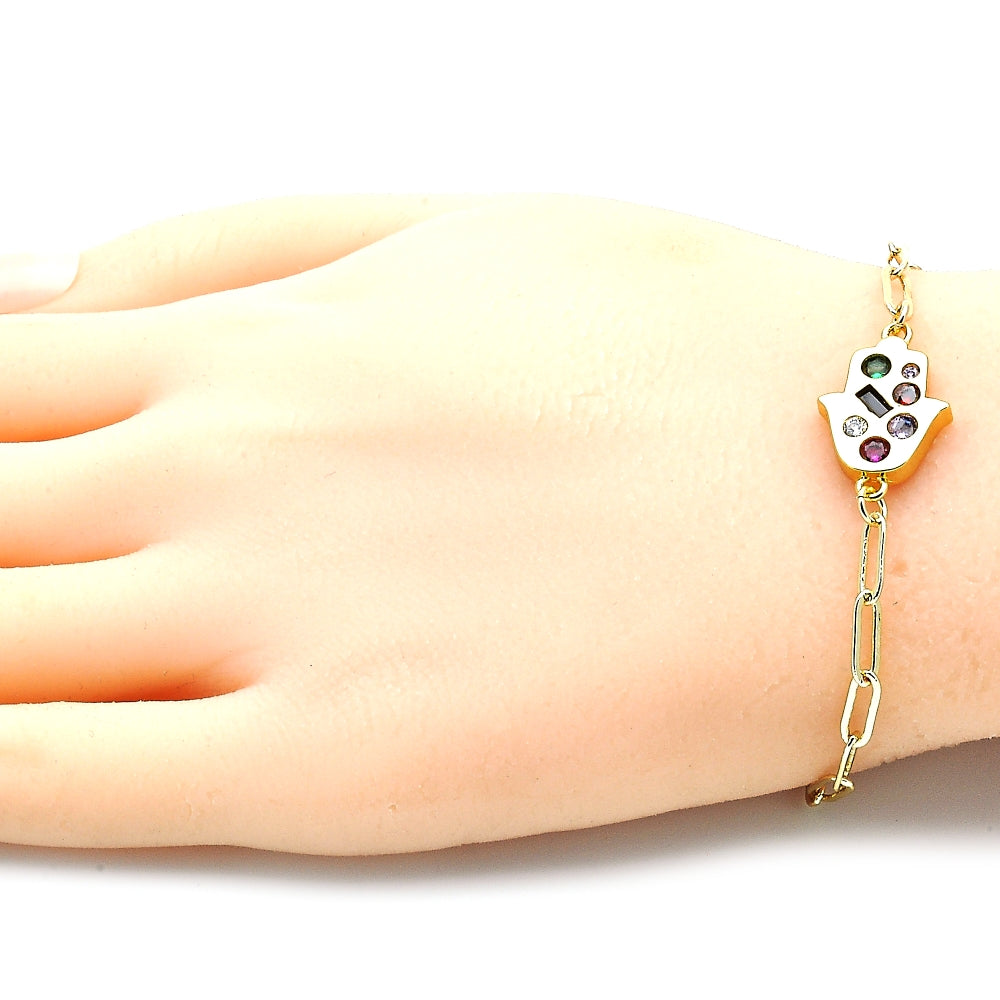 Oro Laminado Fancy Bracelet, Gold Filled Style Hand of God and Paperclip Design, with Multicolor Cubic Zirconia, Polished, Golden Finish