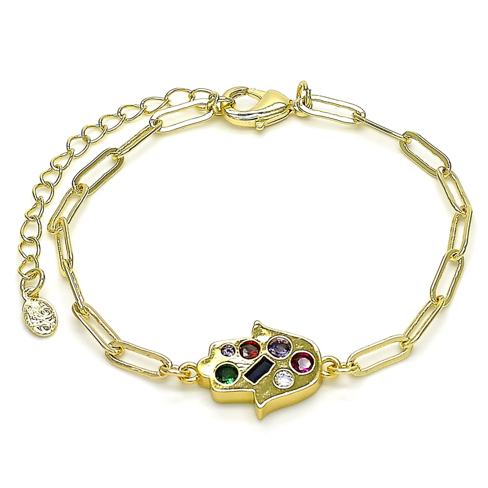 Oro Laminado Fancy Bracelet, Gold Filled Style Hand of God and Paperclip Design, with Multicolor Cubic Zirconia, Polished, Golden Finish
