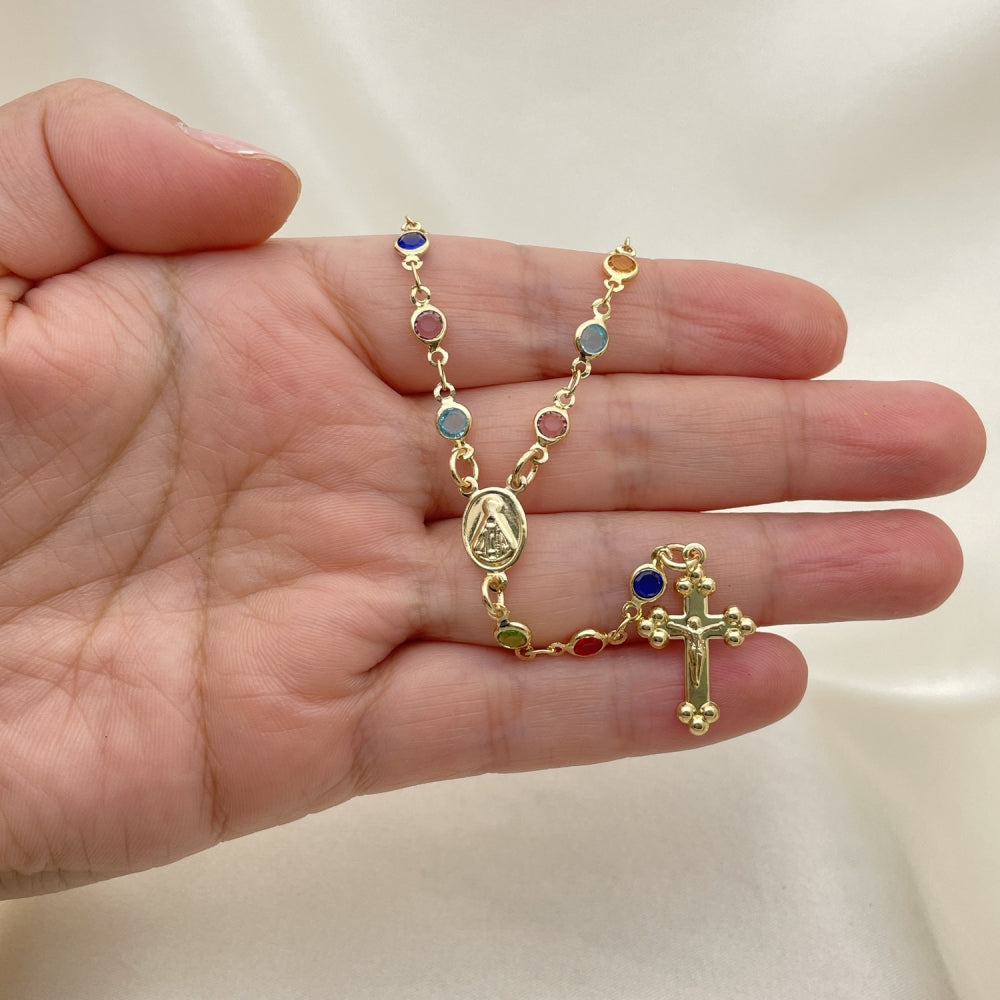 Oro Laminado Medium Rosary, Gold Filled Style Caridad del Cobre and Crucifix Design, with Multicolor Crystal, Polished, Golden Finish