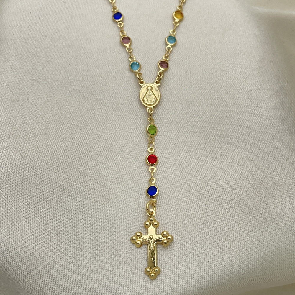 Oro Laminado Medium Rosary, Gold Filled Style Caridad del Cobre and Crucifix Design, with Multicolor Crystal, Polished, Golden Finish