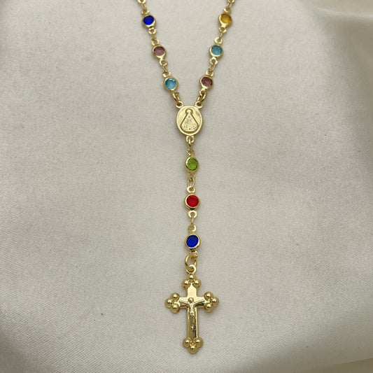 Oro Laminado Medium Rosary, Gold Filled Style Caridad del Cobre and Crucifix Design, with Multicolor Crystal, Polished, Golden Finish