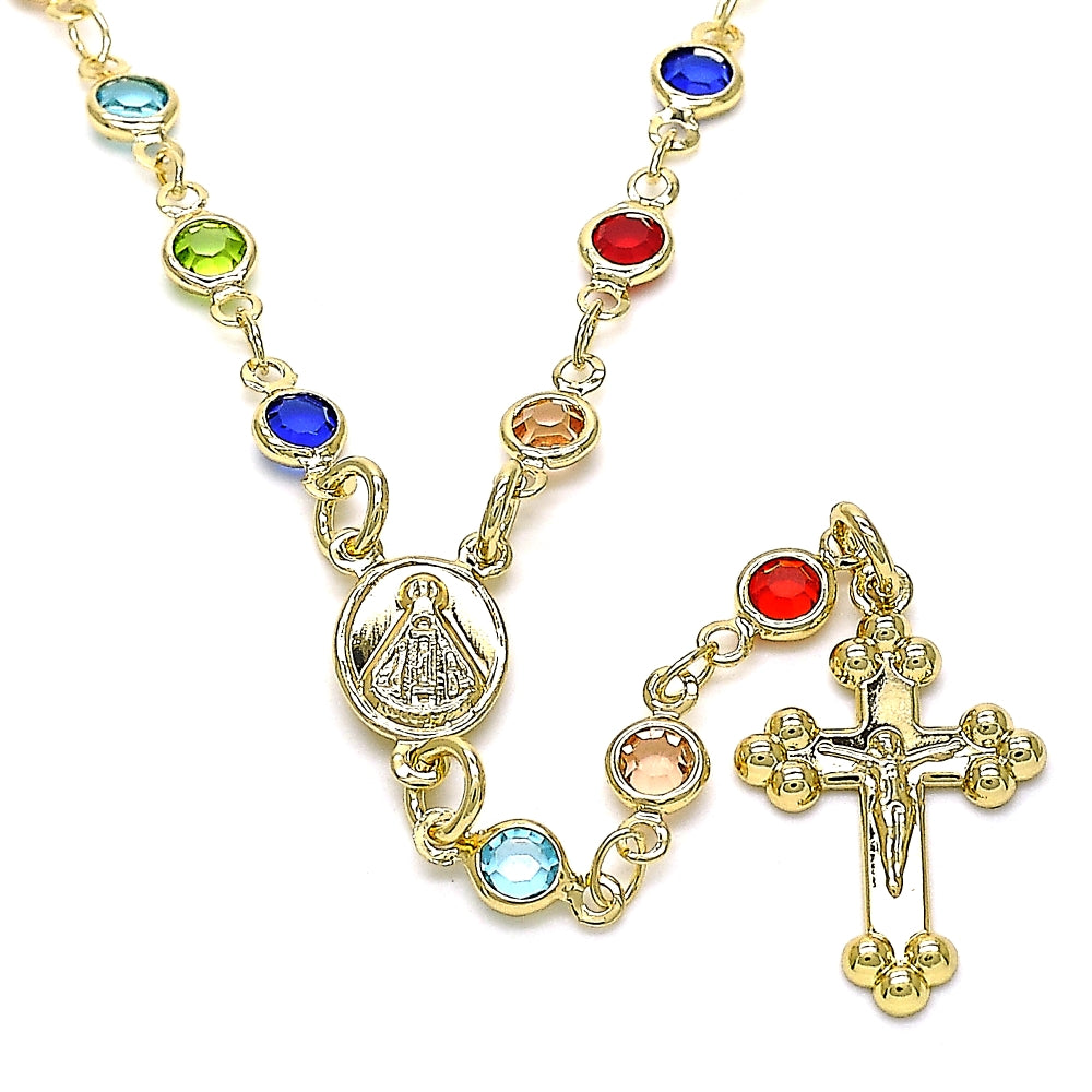 Oro Laminado Medium Rosary, Gold Filled Style Caridad del Cobre and Crucifix Design, with Multicolor Crystal, Polished, Golden Finish