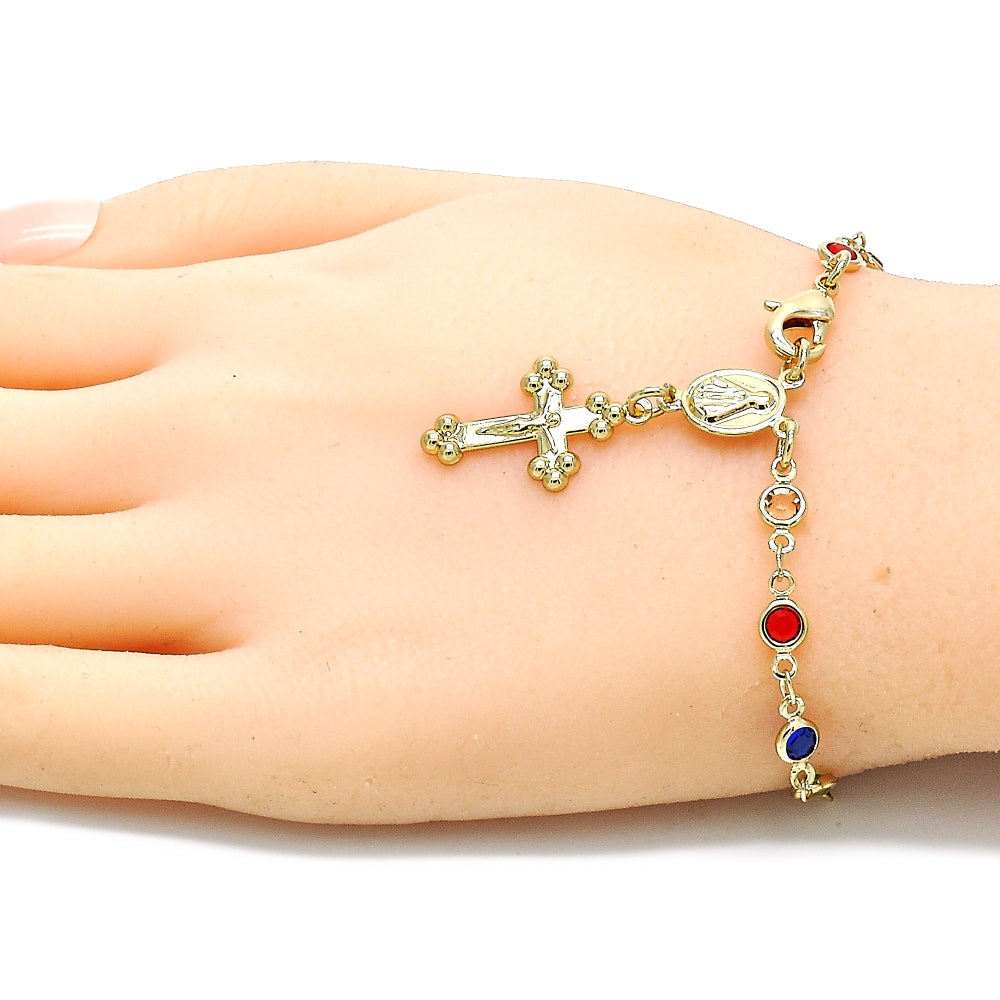 Oro Laminado Bracelet Rosary, Gold Filled Style Caridad del Cobre and Crucifix Design, with Multicolor Crystal, Polished, Golden Finish