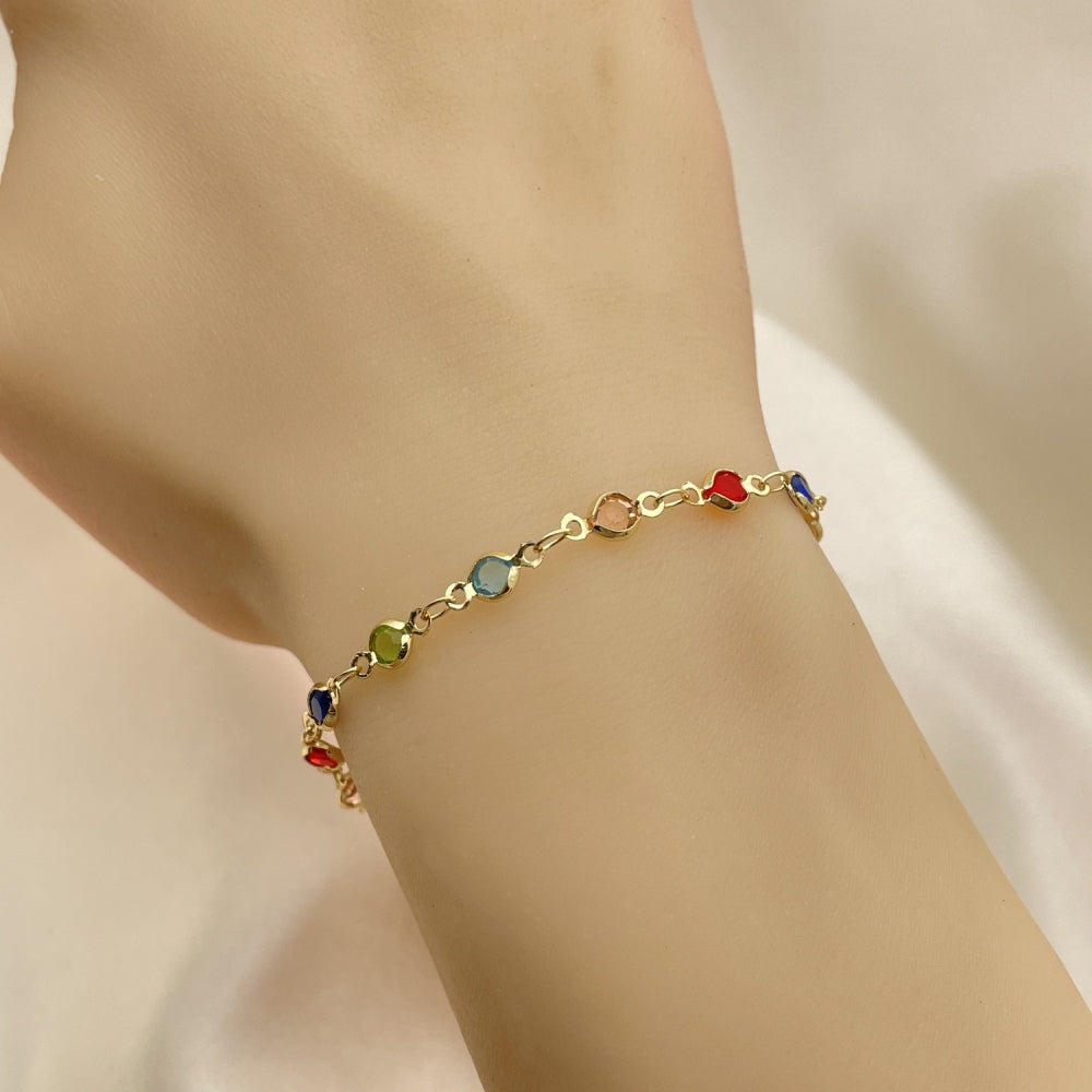 Oro Laminado Bracelet Rosary, Gold Filled Style Caridad del Cobre and Crucifix Design, with Multicolor Crystal, Polished, Golden Finish