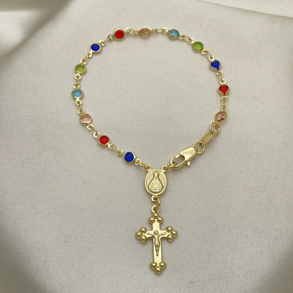 Oro Laminado Bracelet Rosary, Gold Filled Style Caridad del Cobre and Crucifix Design, with Multicolor Crystal, Polished, Golden Finish