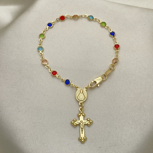 Oro Laminado Bracelet Rosary, Gold Filled Style Caridad del Cobre and Crucifix Design, with Multicolor Crystal, Polished, Golden Finish