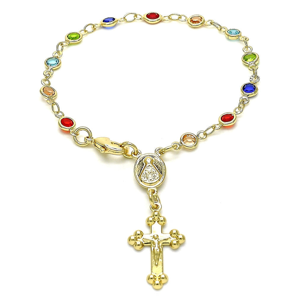 Oro Laminado Bracelet Rosary, Gold Filled Style Caridad del Cobre and Crucifix Design, with Multicolor Crystal, Polished, Golden Finish