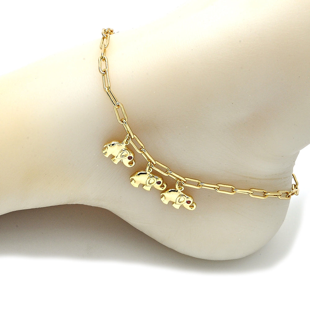 Oro Laminado Charm Anklet , Gold Filled Style Elephant and Paperclip Design, with Garnet Cubic Zirconia, Polished, Golden Finish
