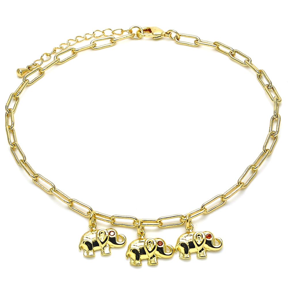 Oro Laminado Charm Anklet , Gold Filled Style Elephant and Paperclip Design, with Garnet Cubic Zirconia, Polished, Golden Finish