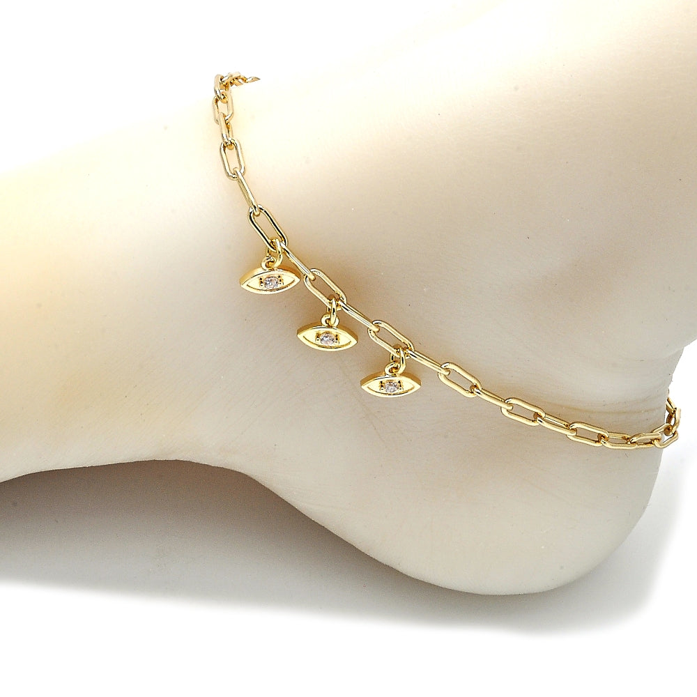Oro Laminado Charm Anklet , Gold Filled Style Paperclip and Paperclip Design, with White Cubic Zirconia, Polished, Golden Finish