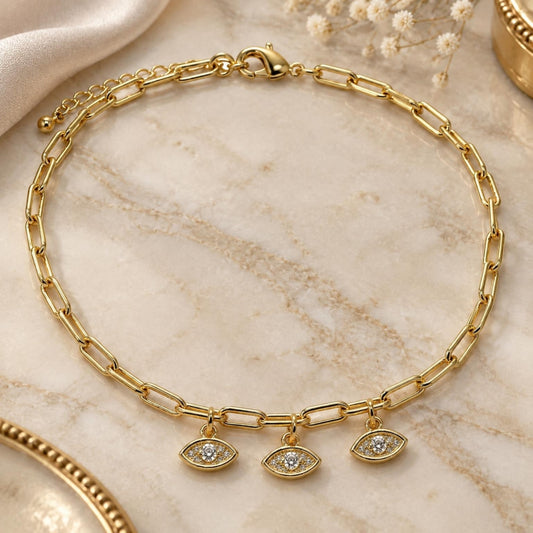Oro Laminado Charm Anklet , Gold Filled Style Paperclip and Paperclip Design, with White Cubic Zirconia, Polished, Golden Finish