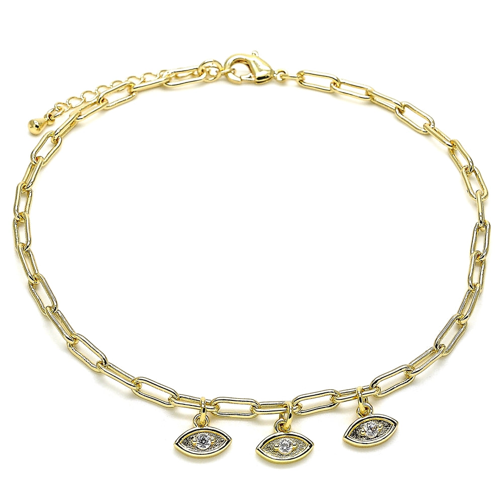 Oro Laminado Charm Anklet , Gold Filled Style Paperclip and Paperclip Design, with White Cubic Zirconia, Polished, Golden Finish