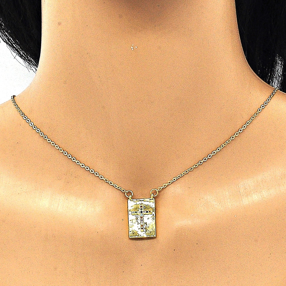 Oro Laminado Pendant Necklace, Gold Filled Style Cross Design, with Multicolor Micro Pave, Polished, Golden Finish