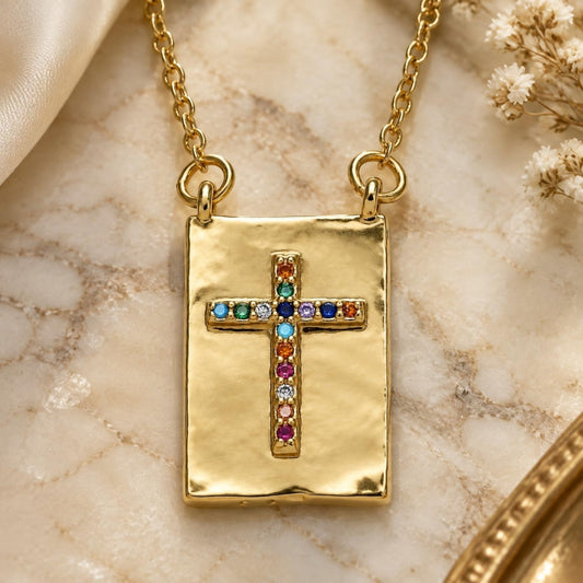 Oro Laminado Pendant Necklace, Gold Filled Style Cross Design, with Multicolor Micro Pave, Polished, Golden Finish
