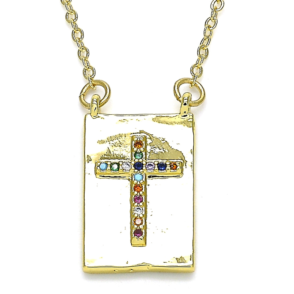 Oro Laminado Pendant Necklace, Gold Filled Style Cross Design, with Multicolor Micro Pave, Polished, Golden Finish