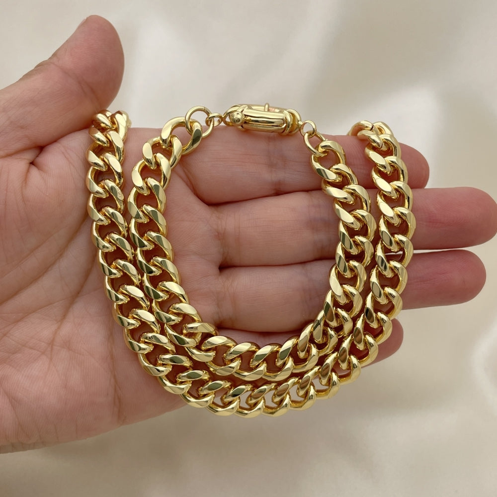 Oro Laminado Necklace and Bracelet, Gold Filled Style Miami Cuban Design, Polished, Golden Finish