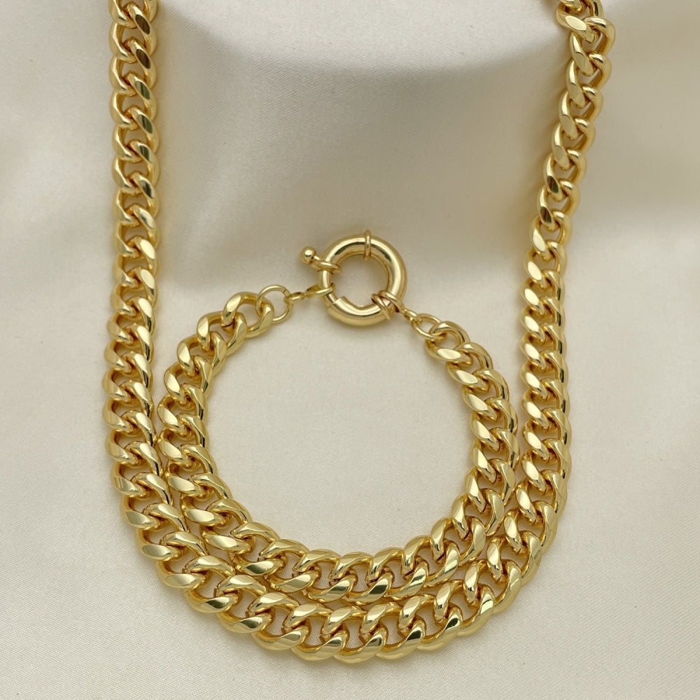 Oro Laminado Necklace and Bracelet, Gold Filled Style Miami Cuban Design, Polished, Golden Finish