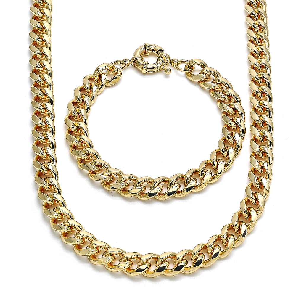 Oro Laminado Necklace and Bracelet, Gold Filled Style Miami Cuban Design, Polished, Golden Finish