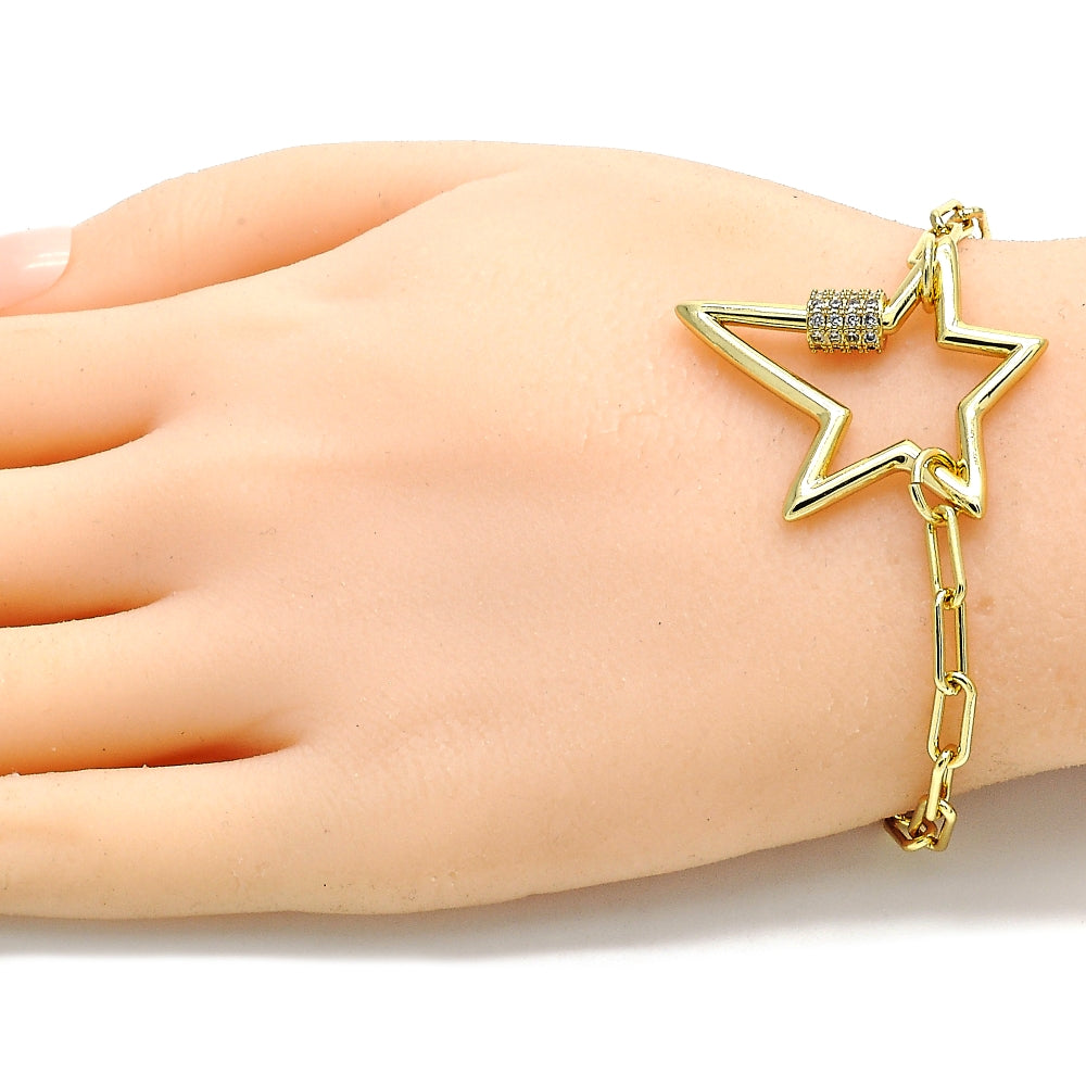 Oro Laminado Fancy Bracelet, Gold Filled Style with White Micro Pave, Polished, Golden Finish