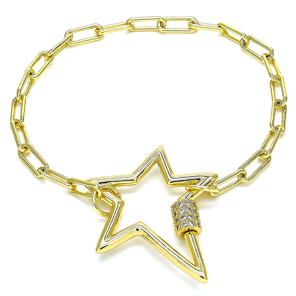 Oro Laminado Fancy Bracelet, Gold Filled Style with White Micro Pave, Polished, Golden Finish