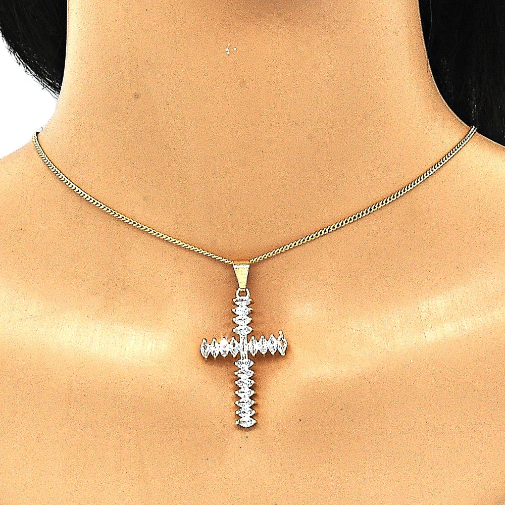 Oro Laminado Pendant Necklace, Gold Filled Style Cross Design, with White Cubic Zirconia, Polished, Golden Finish