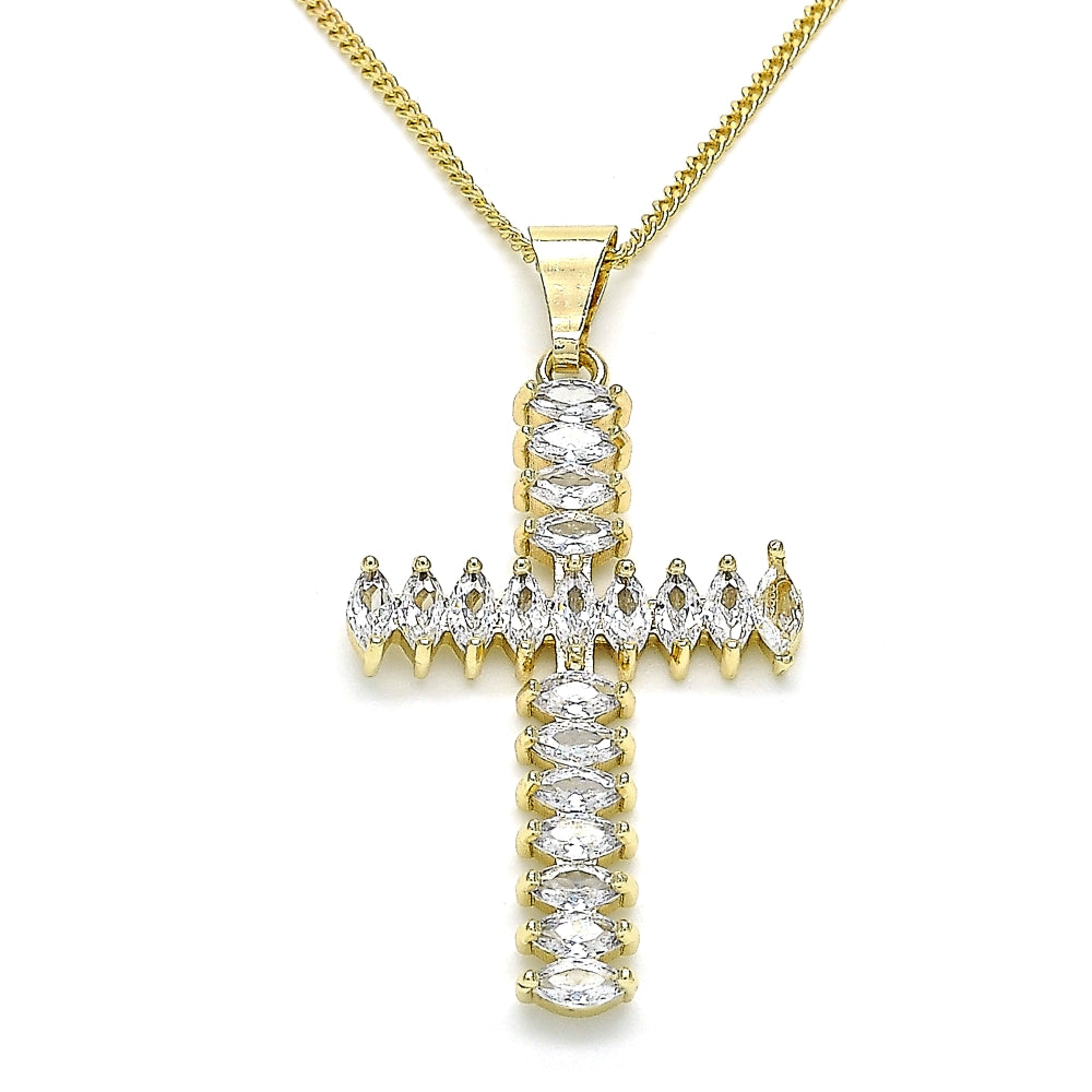 Oro Laminado Pendant Necklace, Gold Filled Style Cross Design, with White Cubic Zirconia, Polished, Golden Finish