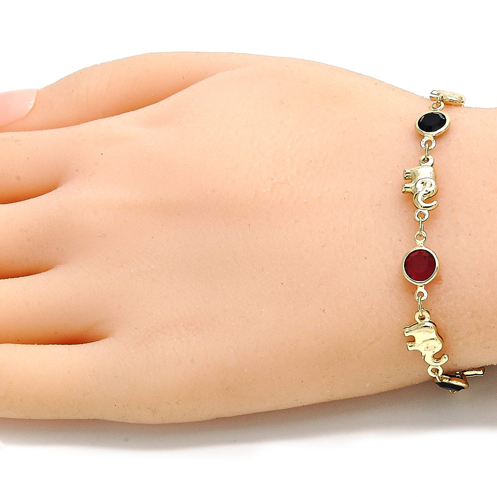 Oro Laminado Fancy Bracelet, Gold Filled Style Elephant Design, with Garnet and Black Crystal, Polished, Golden Finish