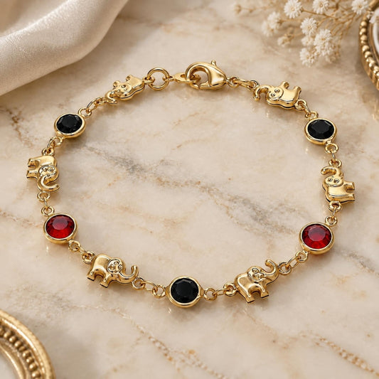 Oro Laminado Fancy Bracelet, Gold Filled Style Elephant Design, with Garnet and Black Crystal, Polished, Golden Finish