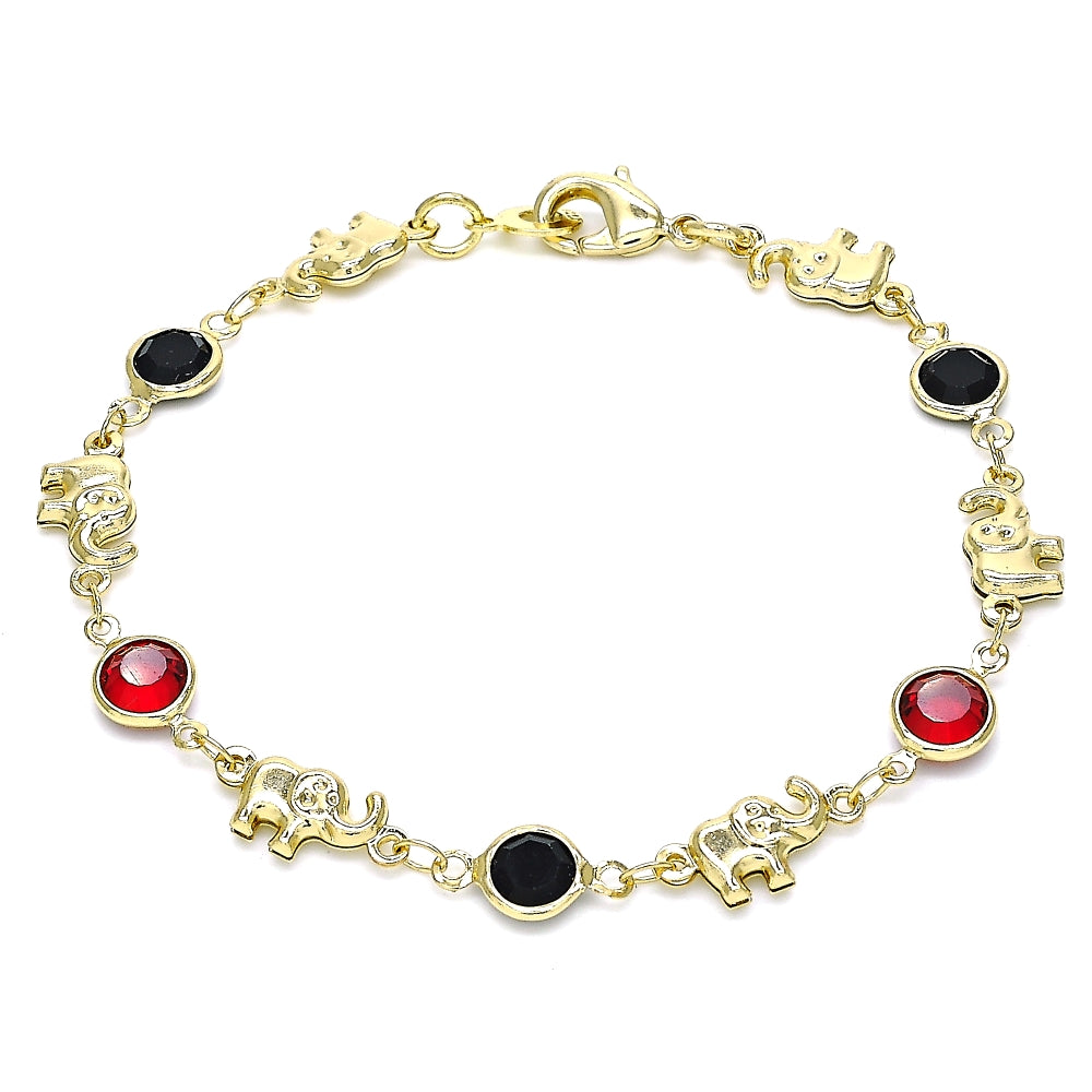 Oro Laminado Fancy Bracelet, Gold Filled Style Elephant Design, with Garnet and Black Crystal, Polished, Golden Finish