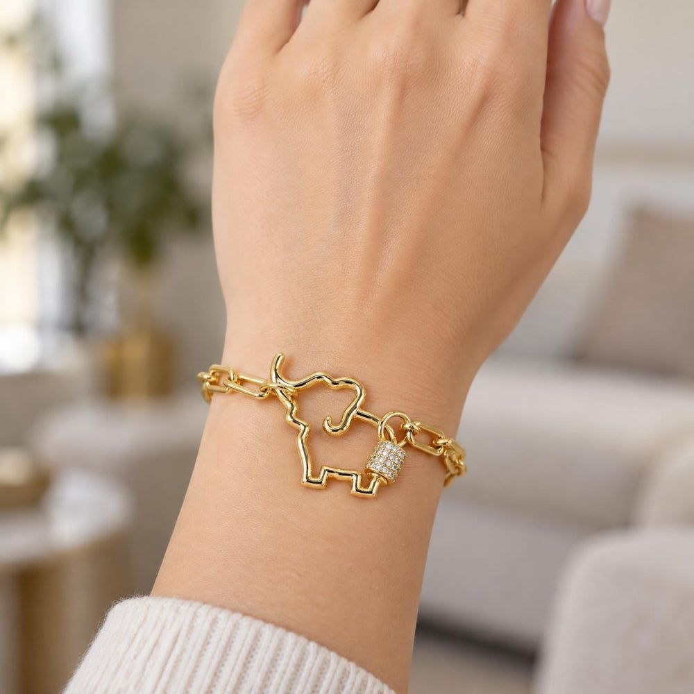 Oro Laminado Fancy Bracelet, Gold Filled Style Elephant Design, with White Micro Pave, Polished, Golden Finish