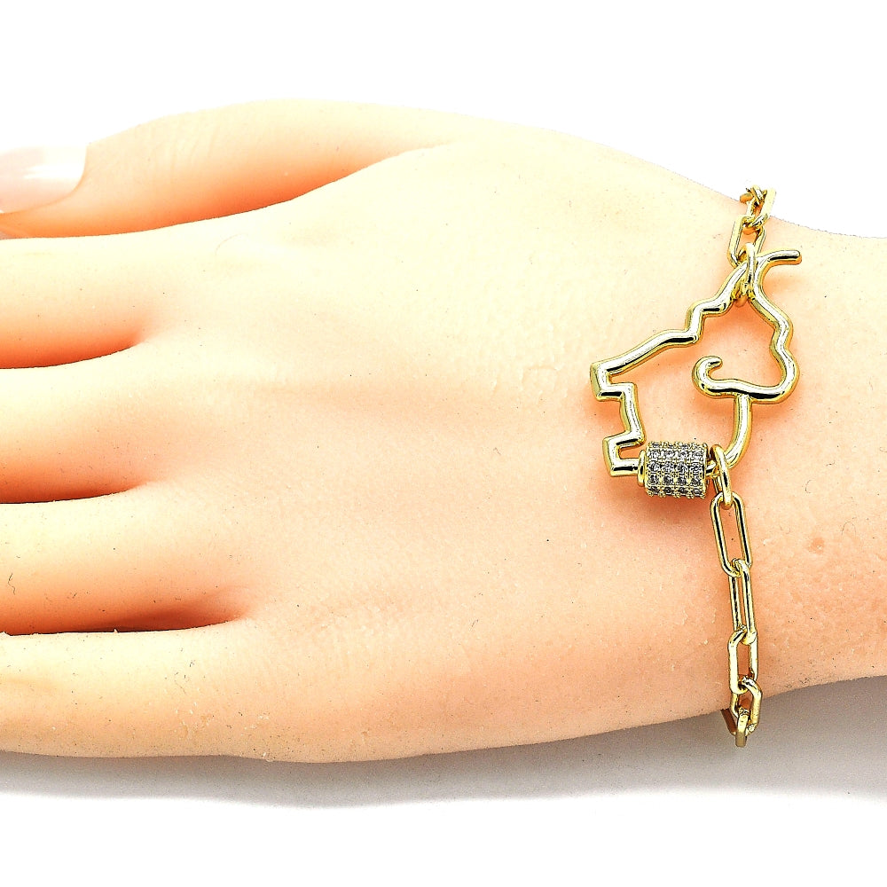 Oro Laminado Fancy Bracelet, Gold Filled Style Elephant Design, with White Micro Pave, Polished, Golden Finish
