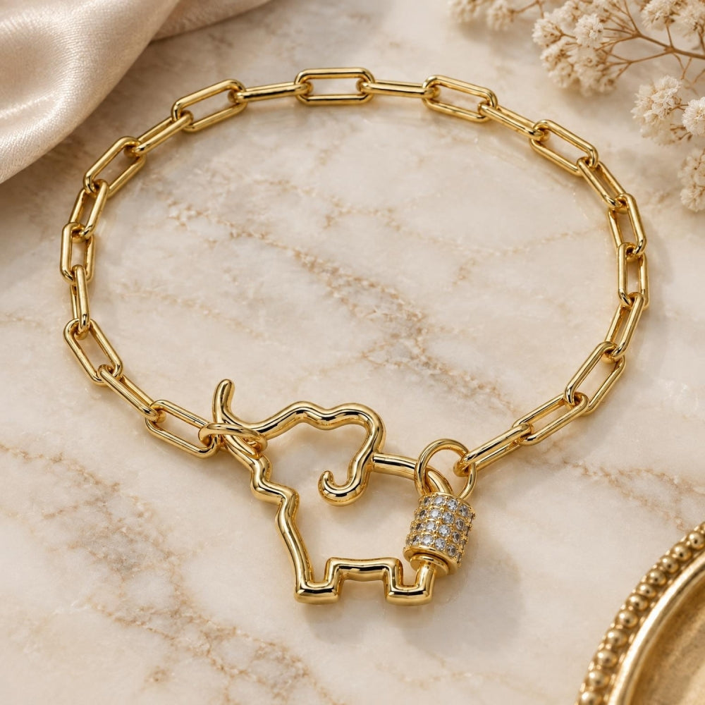 Oro Laminado Fancy Bracelet, Gold Filled Style Elephant Design, with White Micro Pave, Polished, Golden Finish