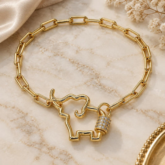 Oro Laminado Fancy Bracelet, Gold Filled Style Elephant Design, with White Micro Pave, Polished, Golden Finish