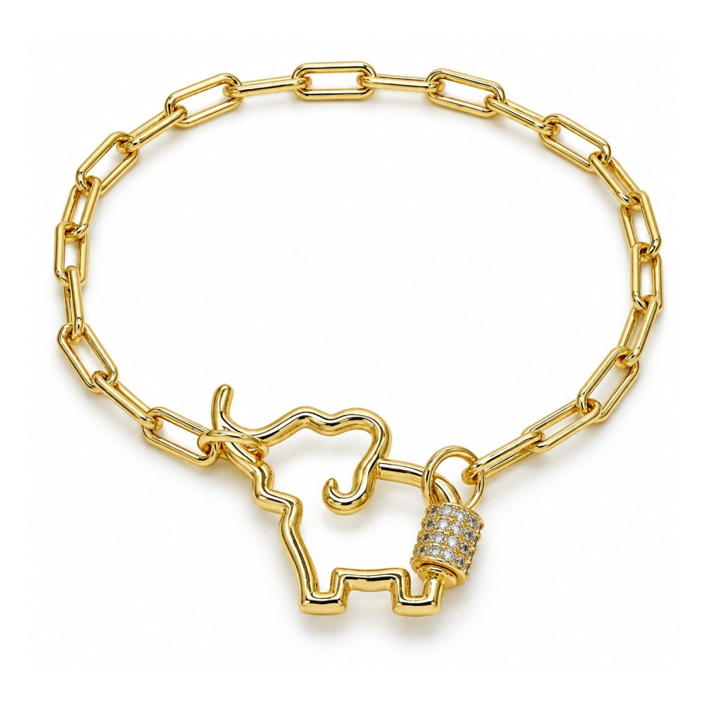 Oro Laminado Fancy Bracelet, Gold Filled Style Elephant Design, with White Micro Pave, Polished, Golden Finish