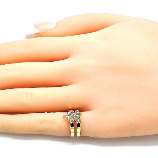 Oro Laminado Baby Ring, Gold Filled Style Four-leaf Clover Design, with White Micro Pave, Polished, Golden Finish