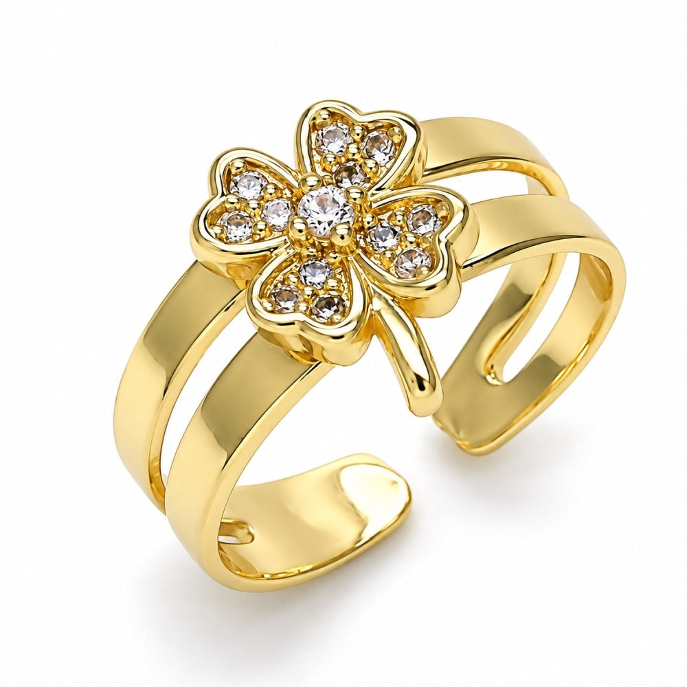 Oro Laminado Baby Ring, Gold Filled Style Four-leaf Clover Design, with White Micro Pave, Polished, Golden Finish