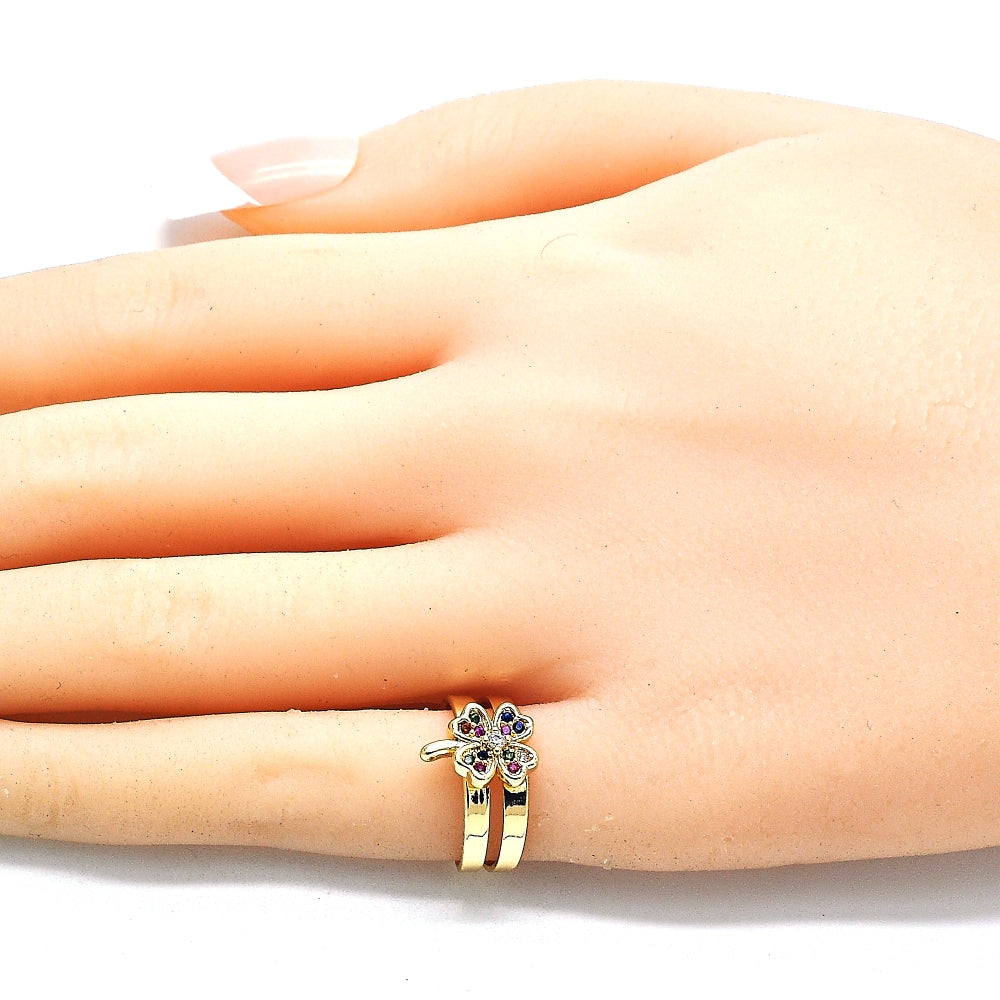 Oro Laminado Baby Ring, Gold Filled Style Four-leaf Clover Design, with Multicolor Micro Pave, Polished, Golden Finish