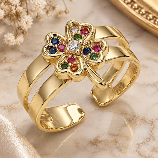 Oro Laminado Baby Ring, Gold Filled Style Four-leaf Clover Design, with Multicolor Micro Pave, Polished, Golden Finish