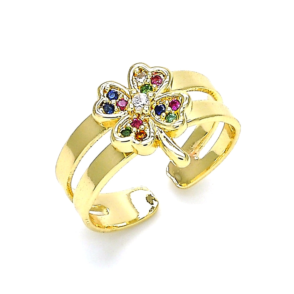 Oro Laminado Baby Ring, Gold Filled Style Four-leaf Clover Design, with Multicolor Micro Pave, Polished, Golden Finish