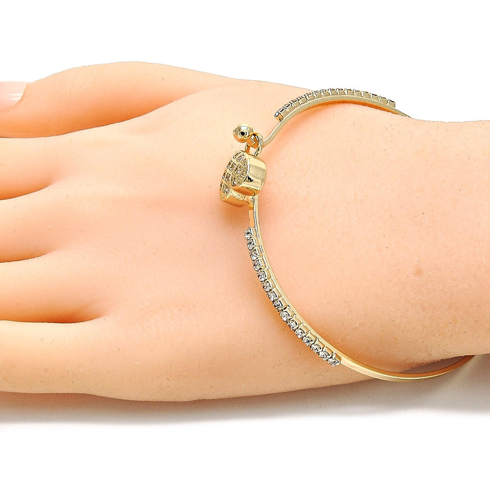 Oro Laminado Individual Bangle, Gold Filled Style Heart Design, with White Micro Pave and White Crystal, Polished, Golden Finish