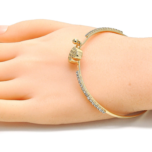 Oro Laminado Individual Bangle, Gold Filled Style Heart Design, with White Micro Pave and White Crystal, Polished, Golden Finish