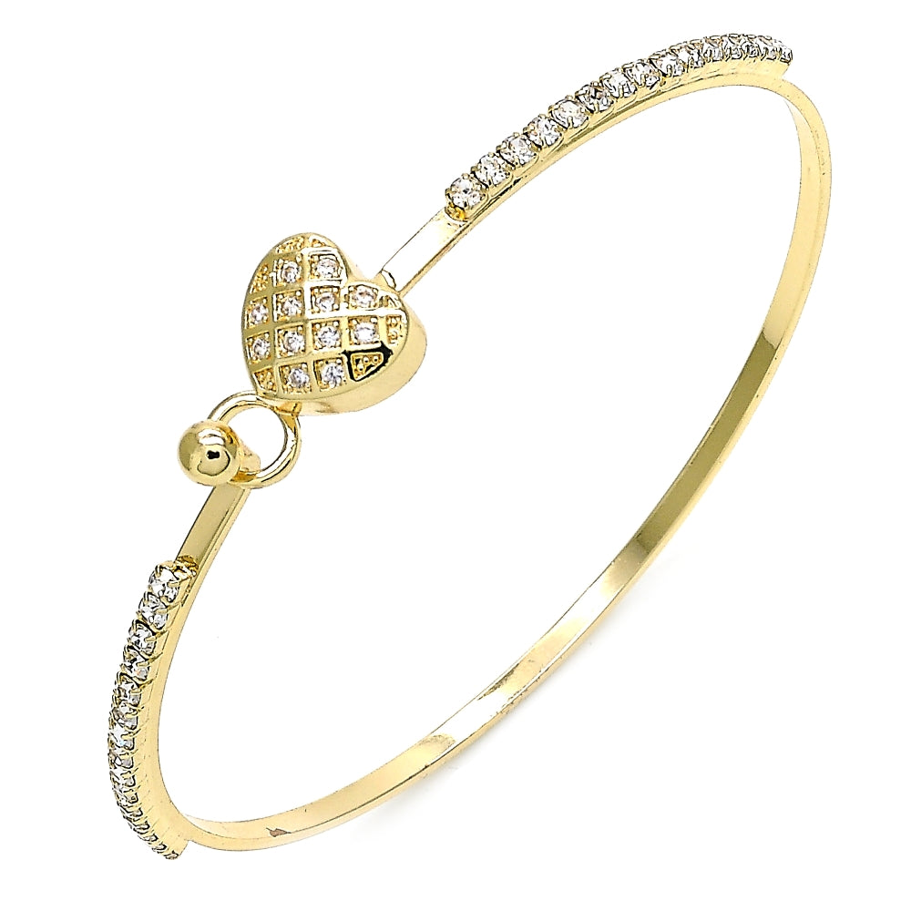 Oro Laminado Individual Bangle, Gold Filled Style Heart Design, with White Micro Pave and White Crystal, Polished, Golden Finish