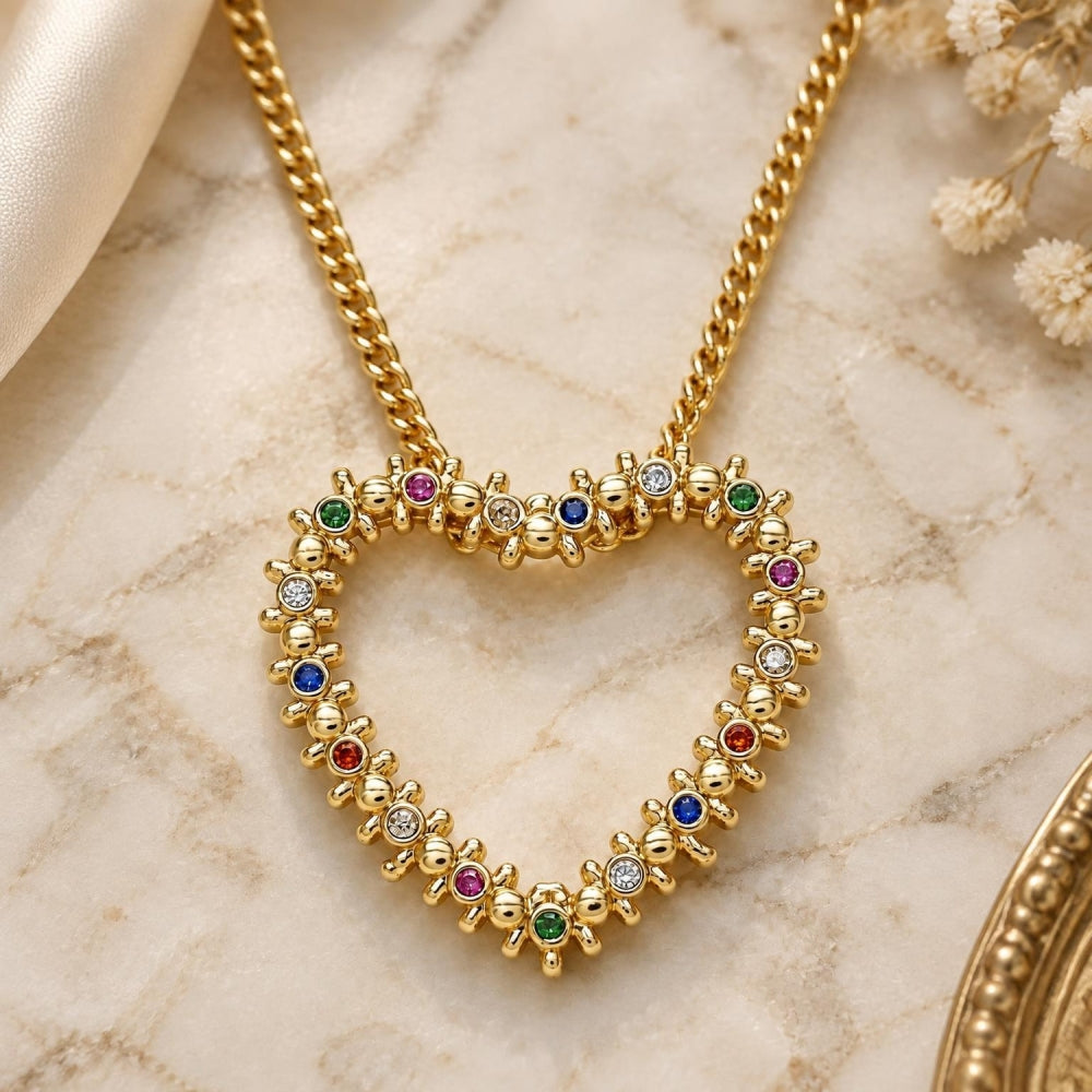 Oro Laminado Pendant Necklace, Gold Filled Style Heart Design, with Multicolor Micro Pave, Polished, Golden Finish