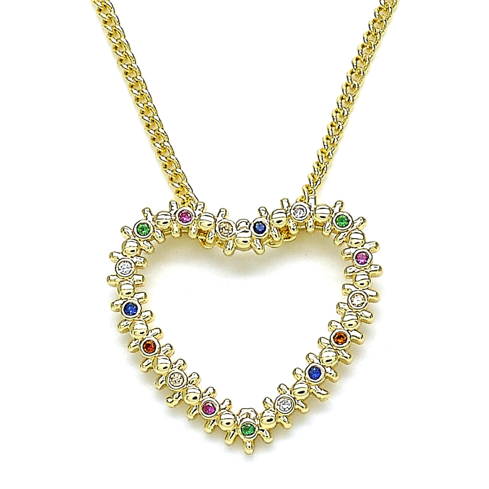 Oro Laminado Pendant Necklace, Gold Filled Style Heart Design, with Multicolor Micro Pave, Polished, Golden Finish
