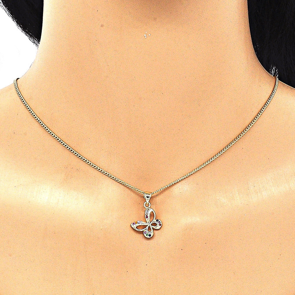 Oro Laminado Pendant Necklace, Gold Filled Style Butterfly Design, with Multicolor Micro Pave, Polished, Golden Finish