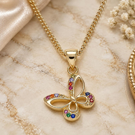 Oro Laminado Pendant Necklace, Gold Filled Style Butterfly Design, with Multicolor Micro Pave, Polished, Golden Finish