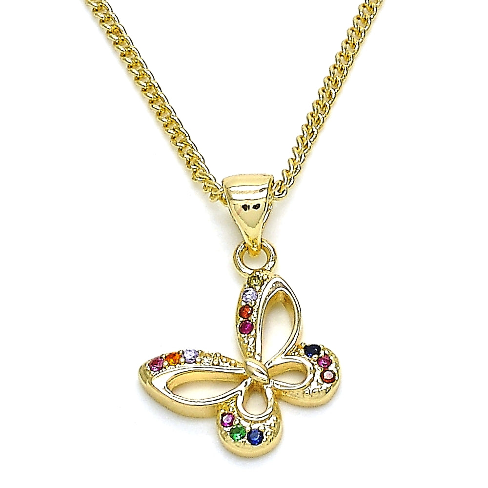 Oro Laminado Pendant Necklace, Gold Filled Style Butterfly Design, with Multicolor Micro Pave, Polished, Golden Finish