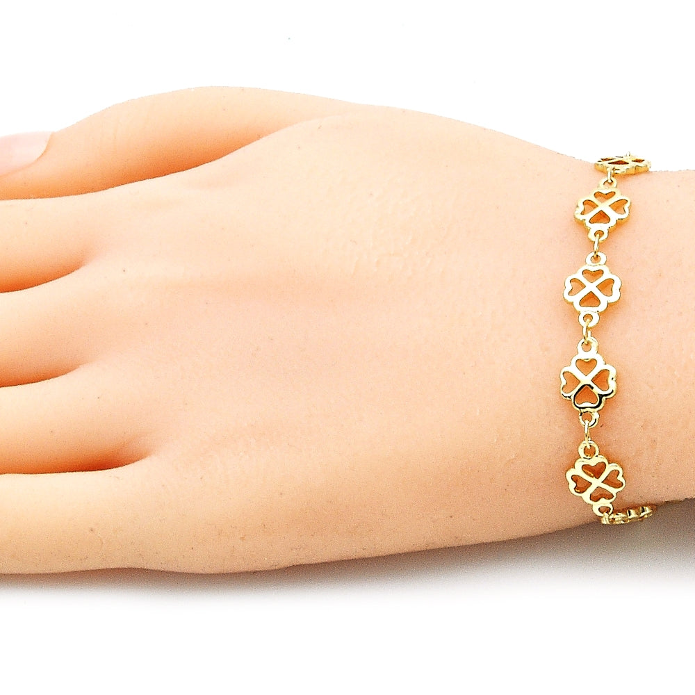 Oro Laminado Fancy Bracelet, Gold Filled Style Four-leaf Clover Design, Polished, Golden Finish