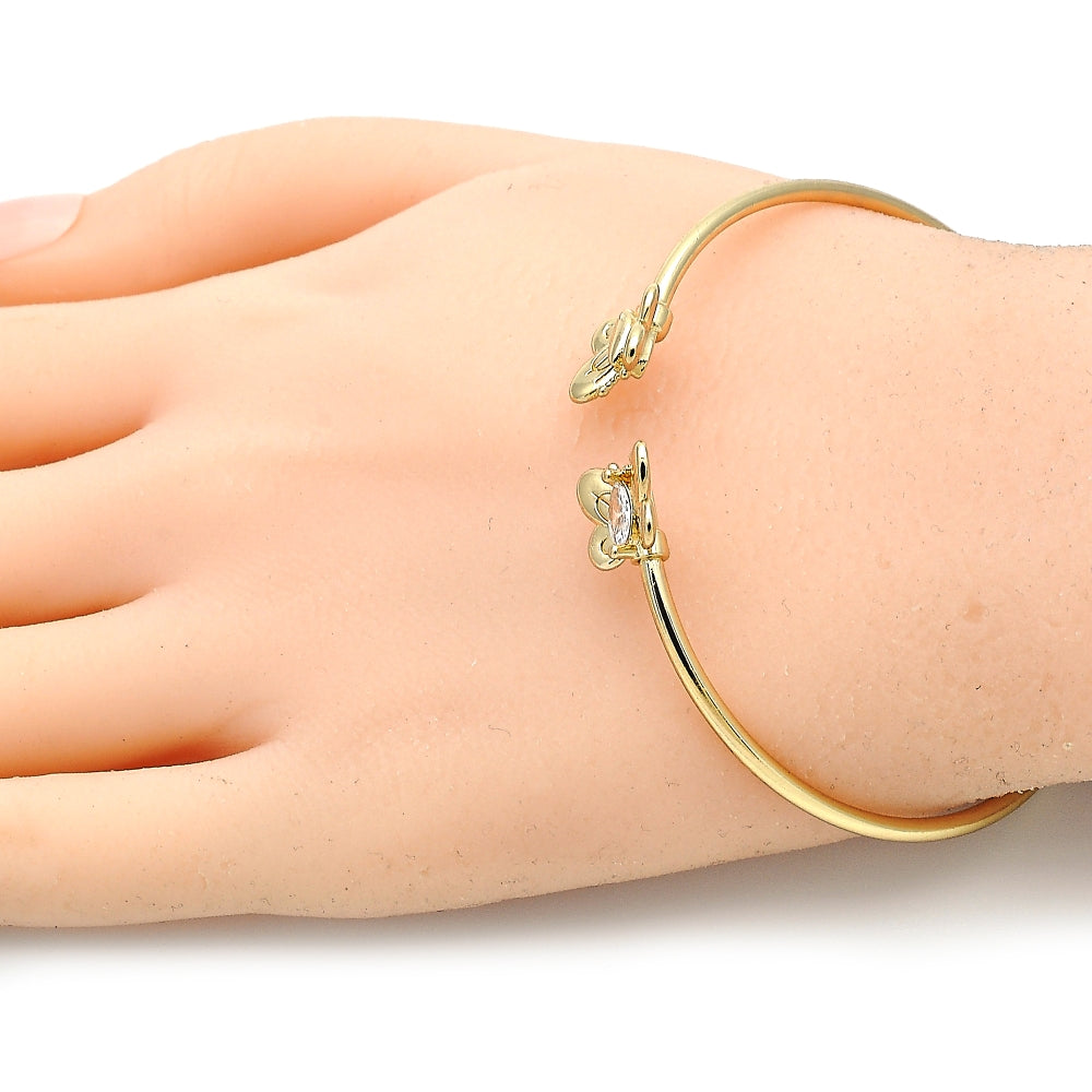 Oro Laminado Individual Bangle, Gold Filled Style Butterfly Design, with White Micro Pave, Polished, Golden Finish