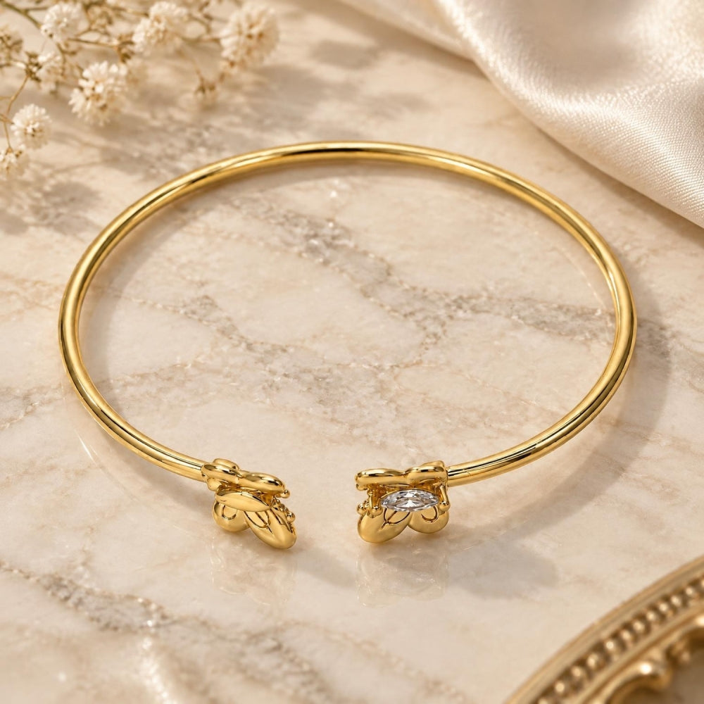 Oro Laminado Individual Bangle, Gold Filled Style Butterfly Design, with White Micro Pave, Polished, Golden Finish